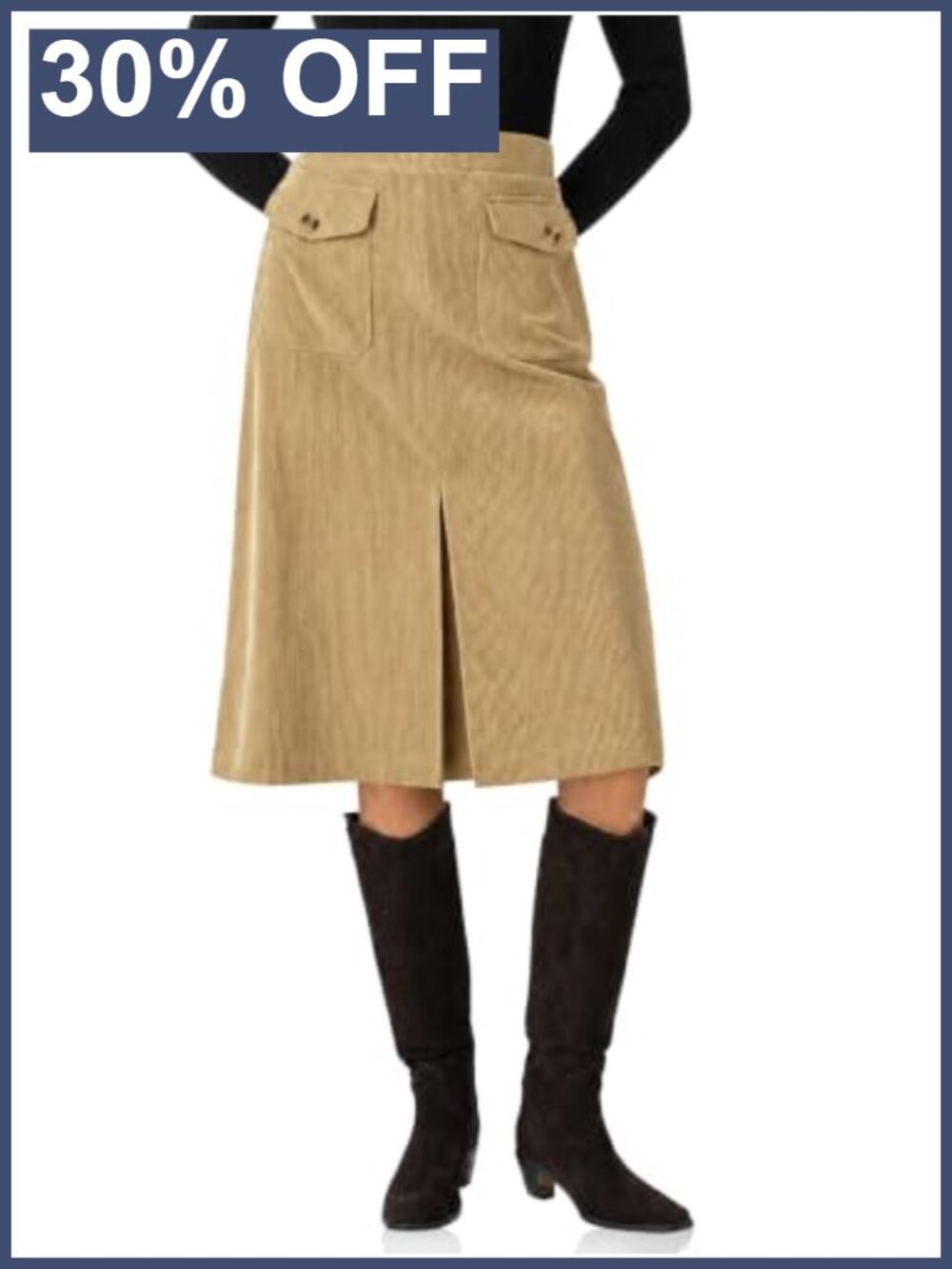 Women Corduroy Midi Skirt Fall A-Line Front Slit High Rise Pockets